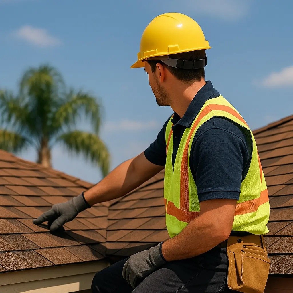 Roofing contractor in a safety vest and hard hat inspecting shingles on a residential roof in Riverview, FL — part of Riverview Roofing’s expert repair and installation team.