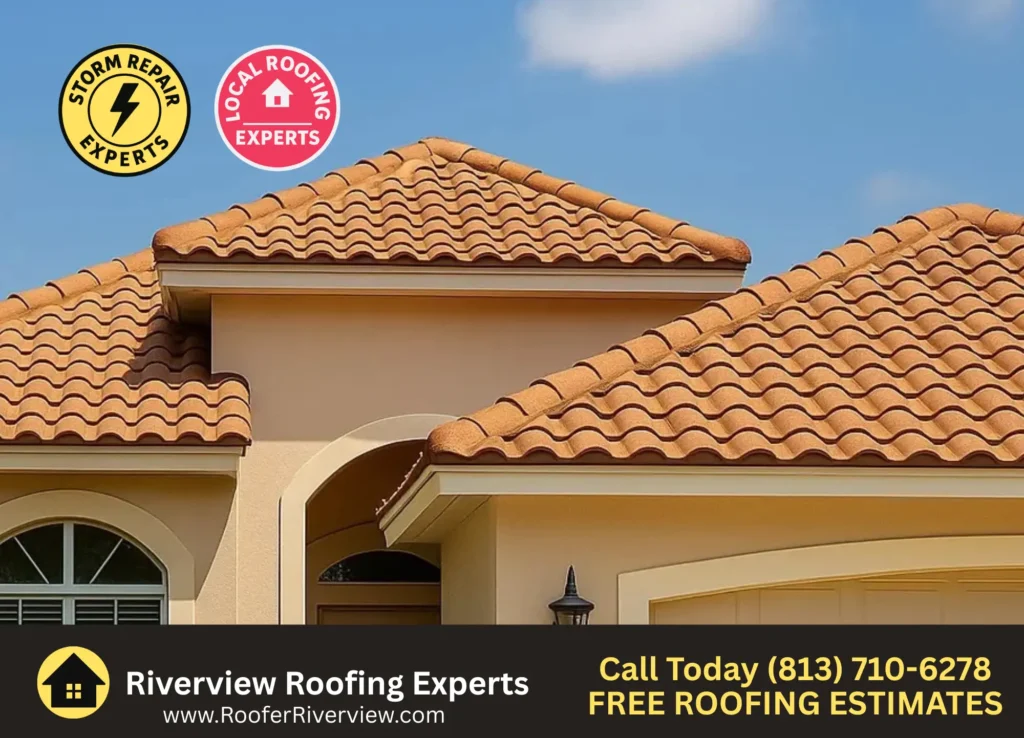 Close-up of a Florida home featuring a vibrant new tile roof installed by Riverview Roofing, emphasizing expert storm repair and trusted local roofing services in Riverview, FL.