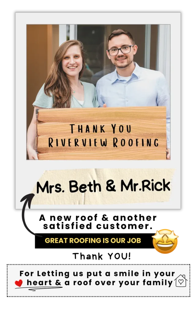 Smiling homeowners Beth and Rick hold a thank-you sign after receiving roofing services from Riverview Roofing, showcasing customer satisfaction with trusted roofers in Riverview, FL.