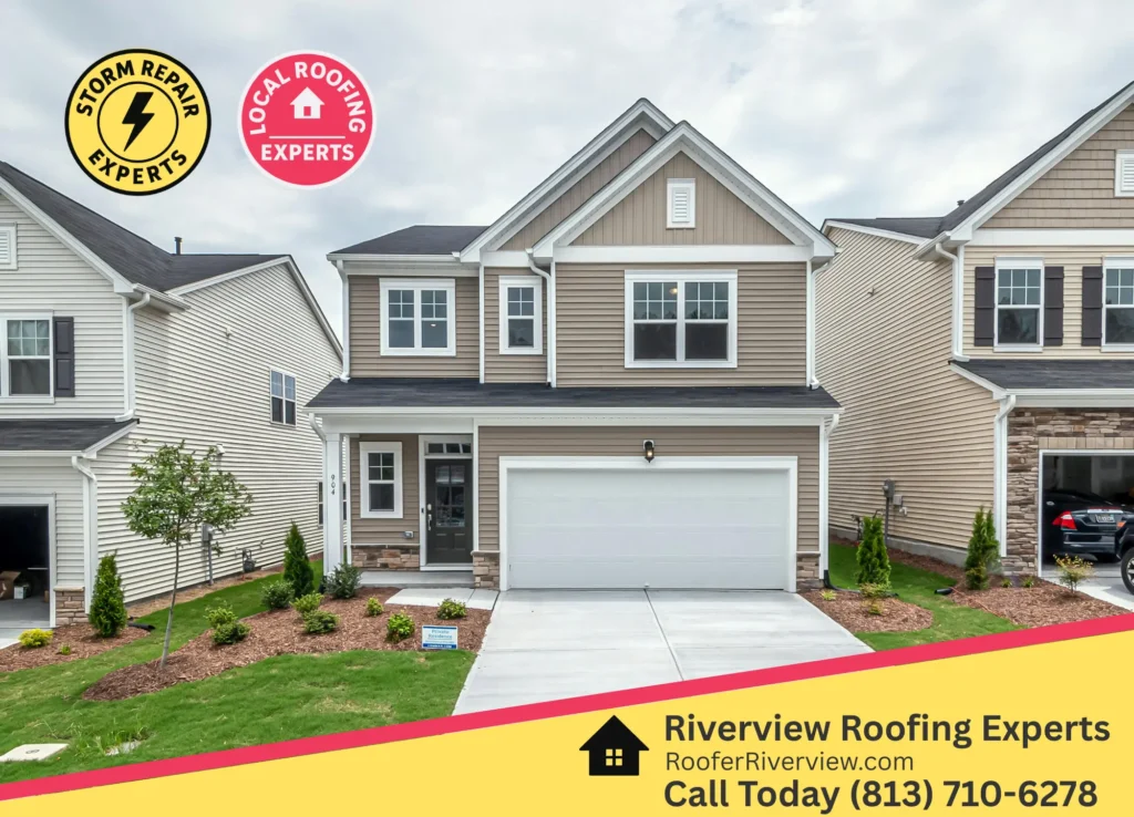 Newly roofed two-story home in a suburban neighborhood by Riverview Roofing, emphasizing expert storm repair and reliable local roofing services throughout Riverview, FL.