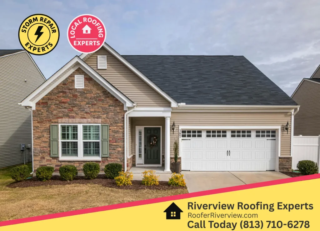 Single-story home with stone and siding exterior featuring a newly installed roof by Riverview Roofing, showcasing expert local service and storm repair solutions in Riverview, Florida.
