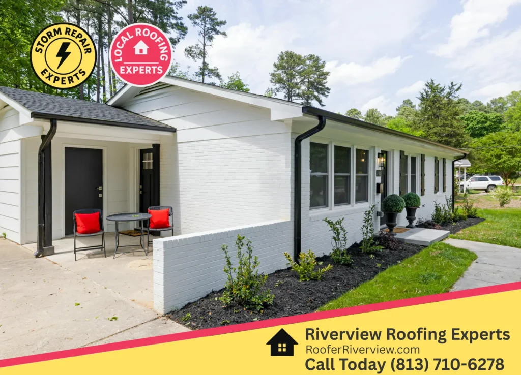 White brick ranch-style home with a new roof installed by Riverview Roofing, highlighting expert storm damage repairs and trusted local roofing services in Riverview, FL.
