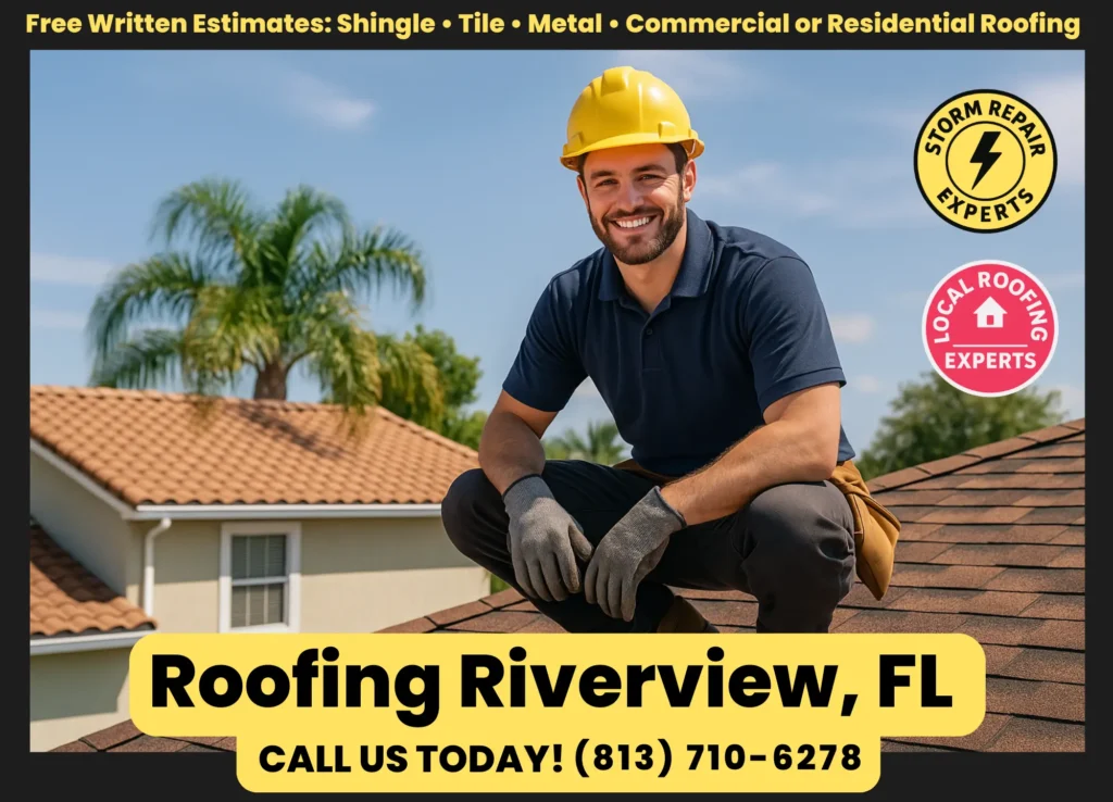 Smiling roofing contractor kneeling on a shingle roof in Riverview, FL, representing Riverview Roofing’s expert team offering free estimates for shingle, tile, and metal roofing services.